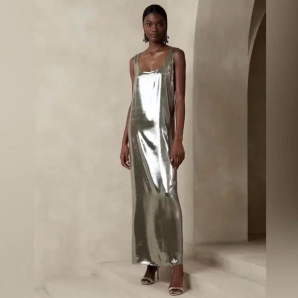 Sleeveless Metallic Silver Slip Maxi Dress